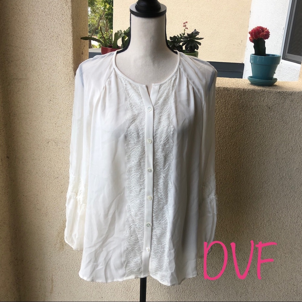 DVF Cream Silk Long Sleeve Peasant Blouse